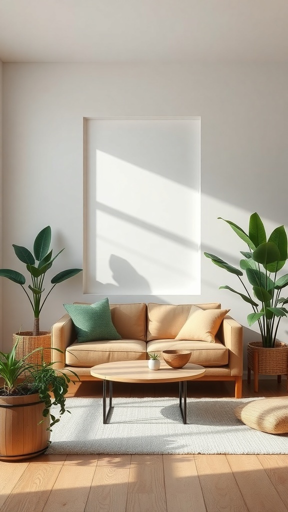 A minimalist living room featuring a beige sofa, round coffee table, and various indoor plants.