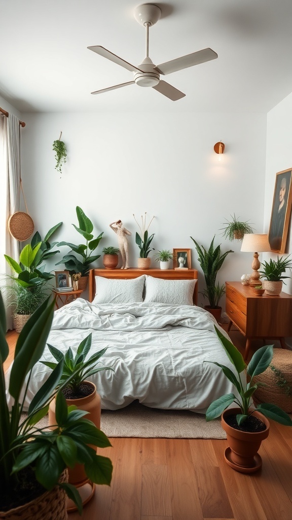 A master bedroom featuring a bed with light bedding, wooden furniture, and various indoor plants.