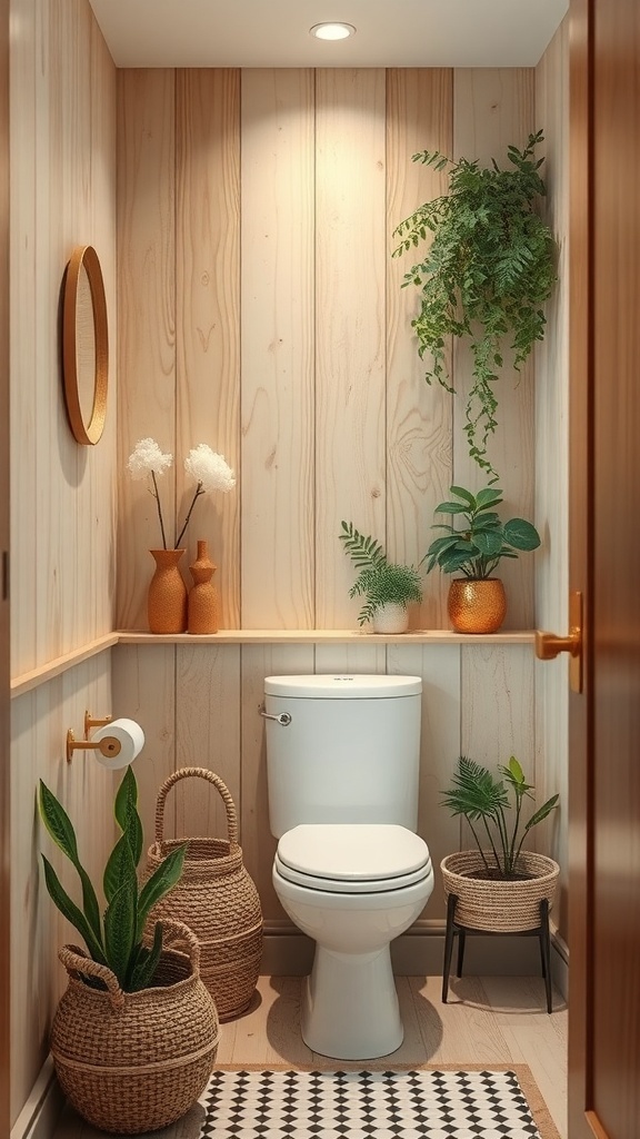 A tiny bathroom featuring wooden walls, plants in pots, and decorative baskets.