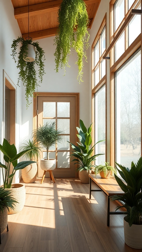 Bright entry foyer with large windows, wooden ceiling, and various indoor plants.