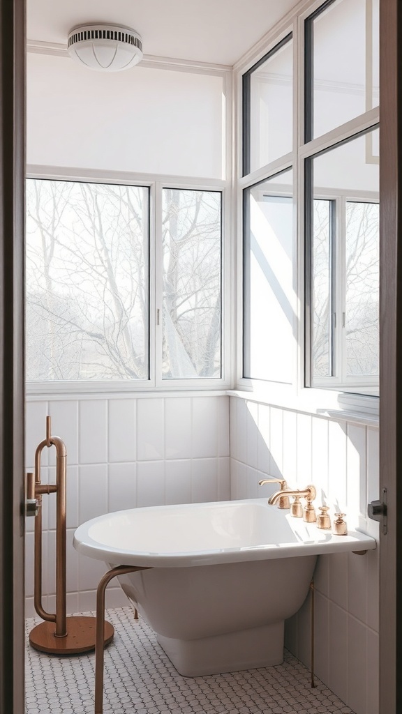 A modern small bathroom with large windows and a freestanding tub