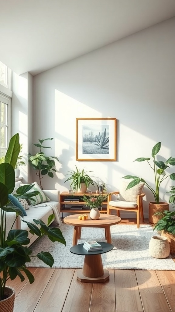 Bright Scandinavian living room with plants and natural light.