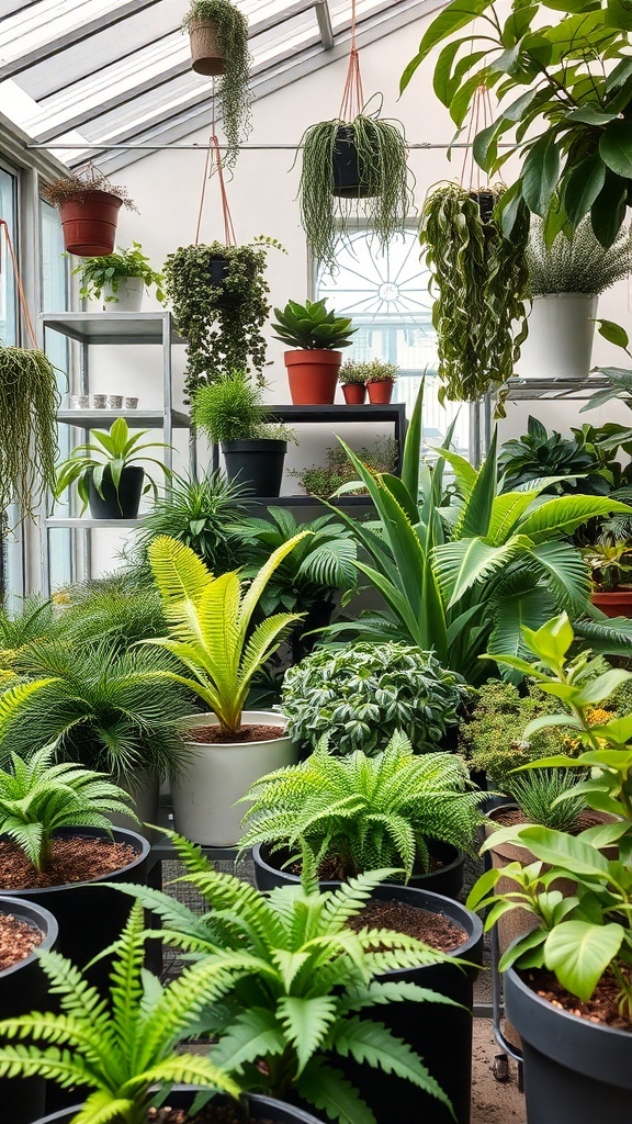 A variety of indoor plants arranged in a bright space, showcasing hanging and potted plants.