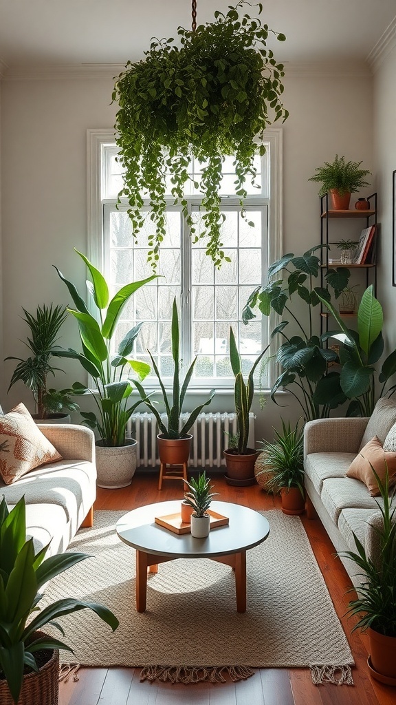 Cozy living room filled with various plants, featuring a hanging plant, large leafy plants, and smaller potted plants.