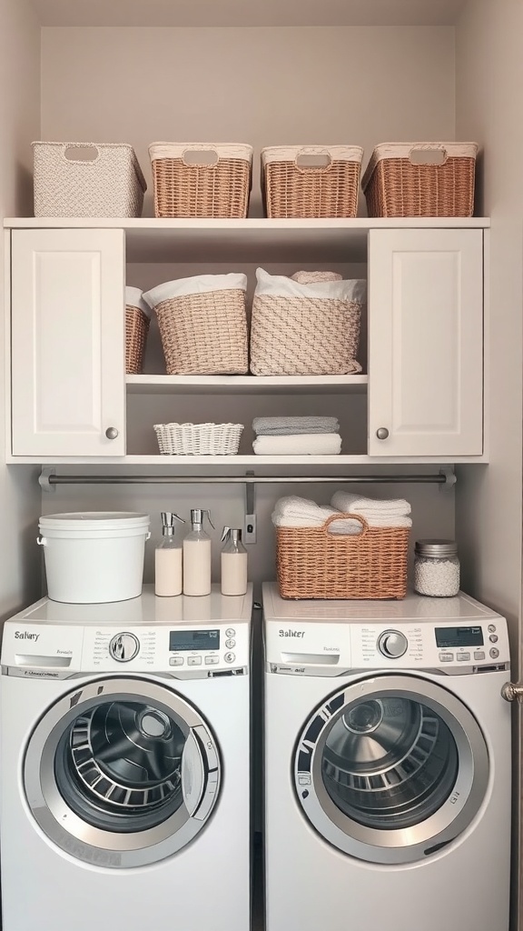 Laundry room with open shelving, baskets, and neatly arranged towels above the washer and dryer.