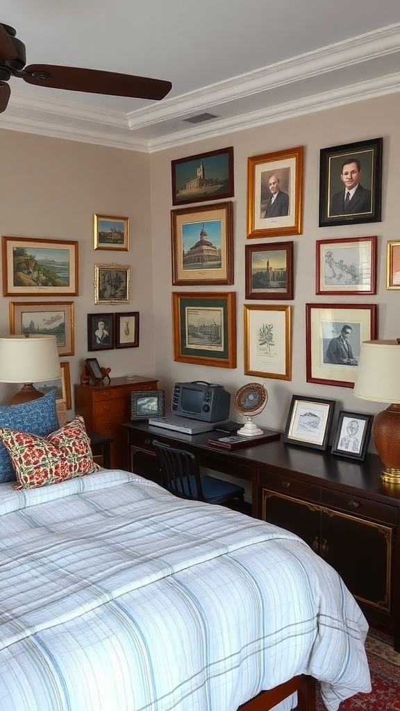 A cozy master bedroom featuring a gallery wall of framed artwork, colorful pillows on the bed, and a stylish desk area.