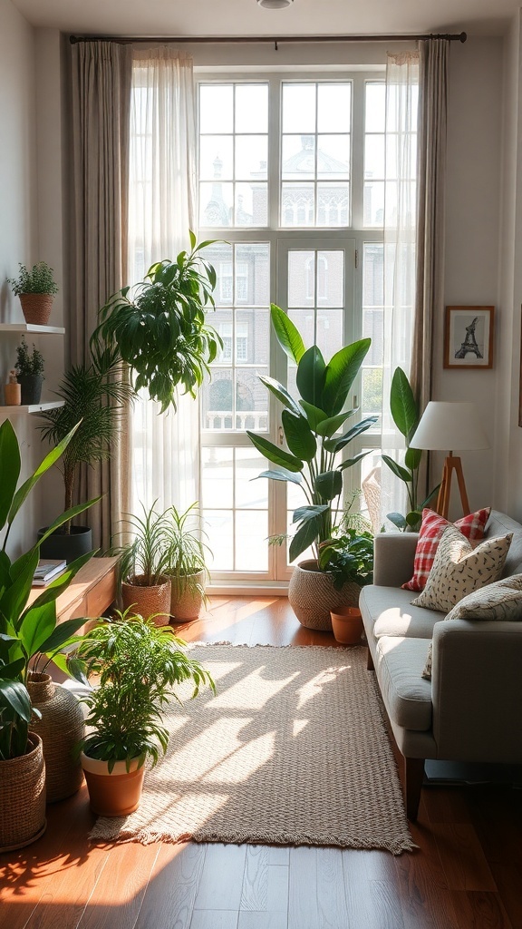 Living room with a mix of plants and decor near a sunny window.