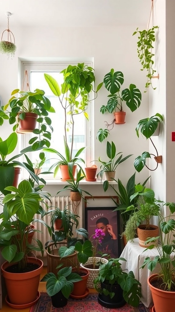 A cozy studio apartment corner filled with various indoor plants, showcasing a lively atmosphere.