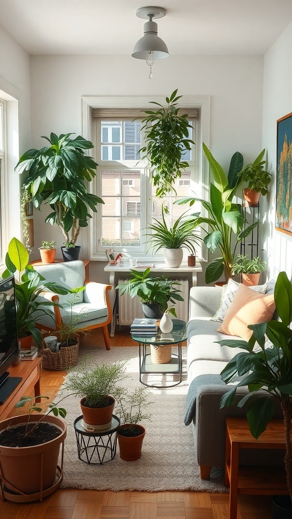 A small living room filled with various indoor plants and cozy furniture.