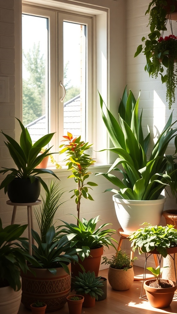 A cozy corner filled with various indoor plants near a window, showcasing a lush and inviting atmosphere.