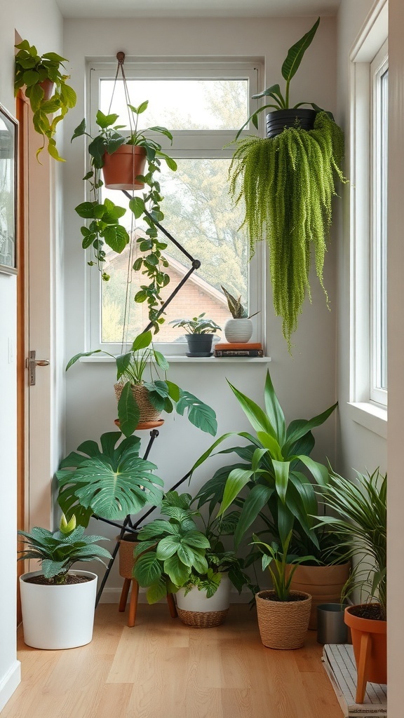 A cozy corner of a small apartment filled with various plants, showcasing a mix of hanging and potted greenery.