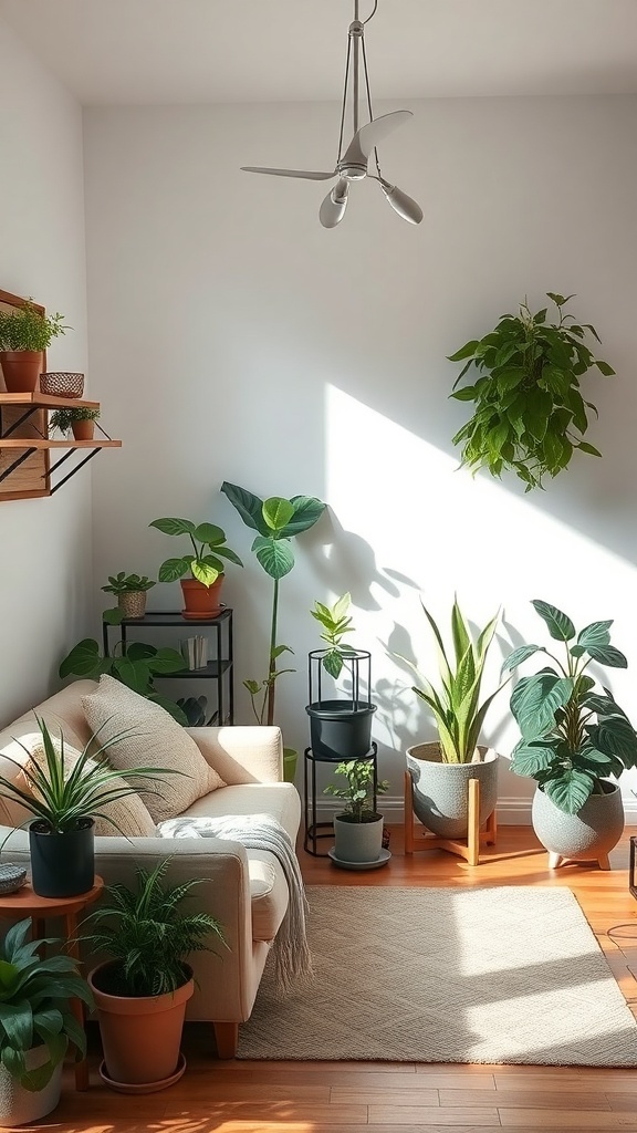 Small sitting room with various potted plants, a cozy couch, and natural light.