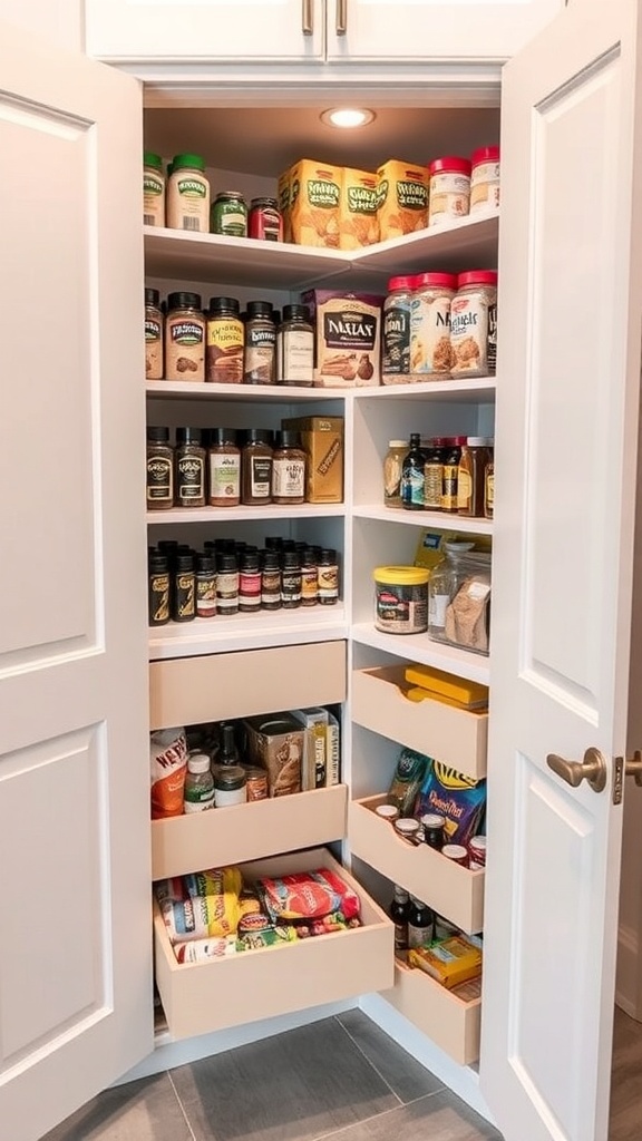 A well-organized corner pantry featuring pull-out drawers and various labeled jars and containers.