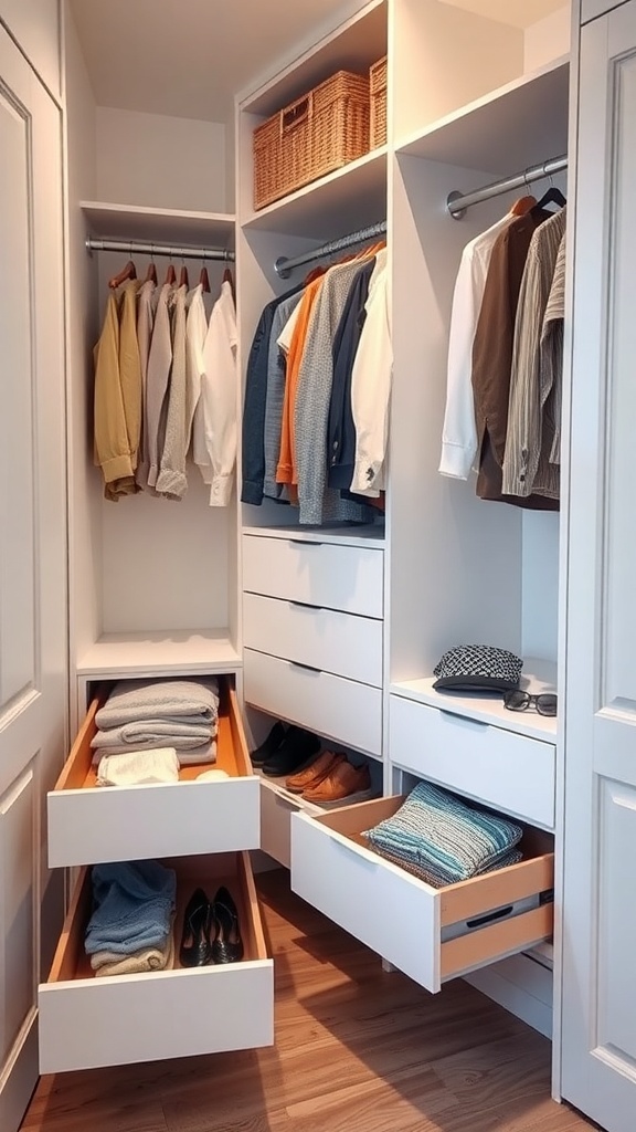 A well-organized closet with pull-out drawers, hanging clothes, and a clean design.