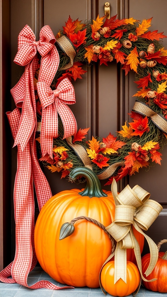 A decorative pumpkin wreath with red checkered and burlap bows, surrounded by autumn leaves and pumpkins.