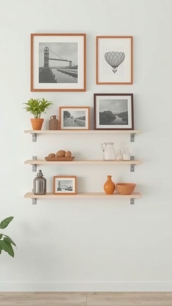 A minimal gallery wall with framed black and white photos and wooden shelves displaying various decorative items.