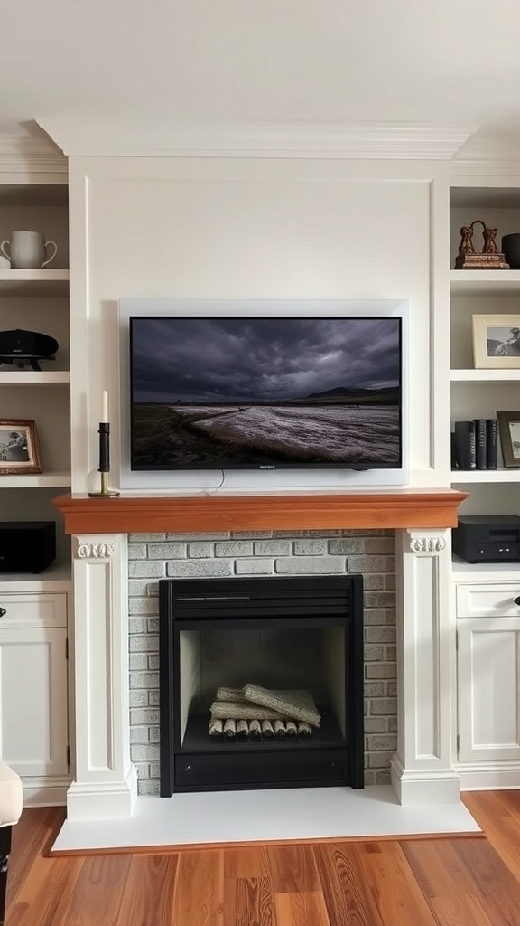 A modern fireplace TV wall with built-in shelving and storage.