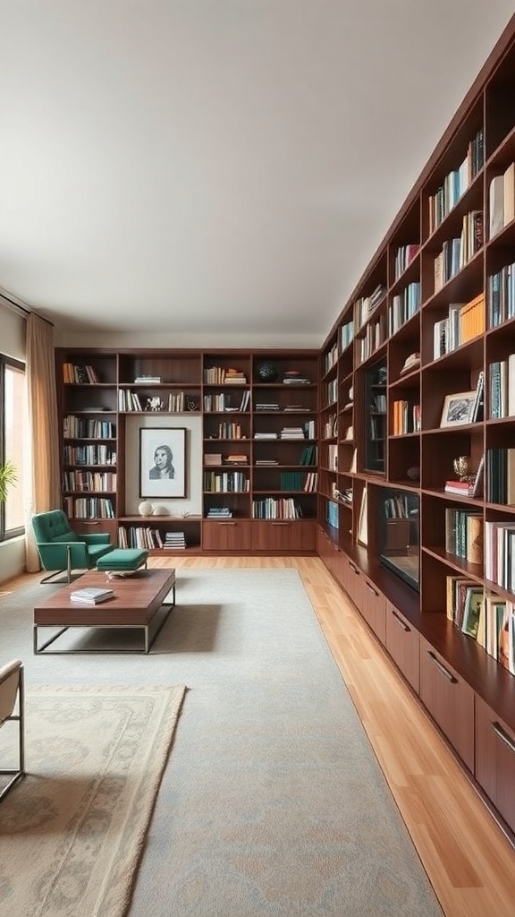 Stylish long living room with built-in wooden shelving displaying books and decor.