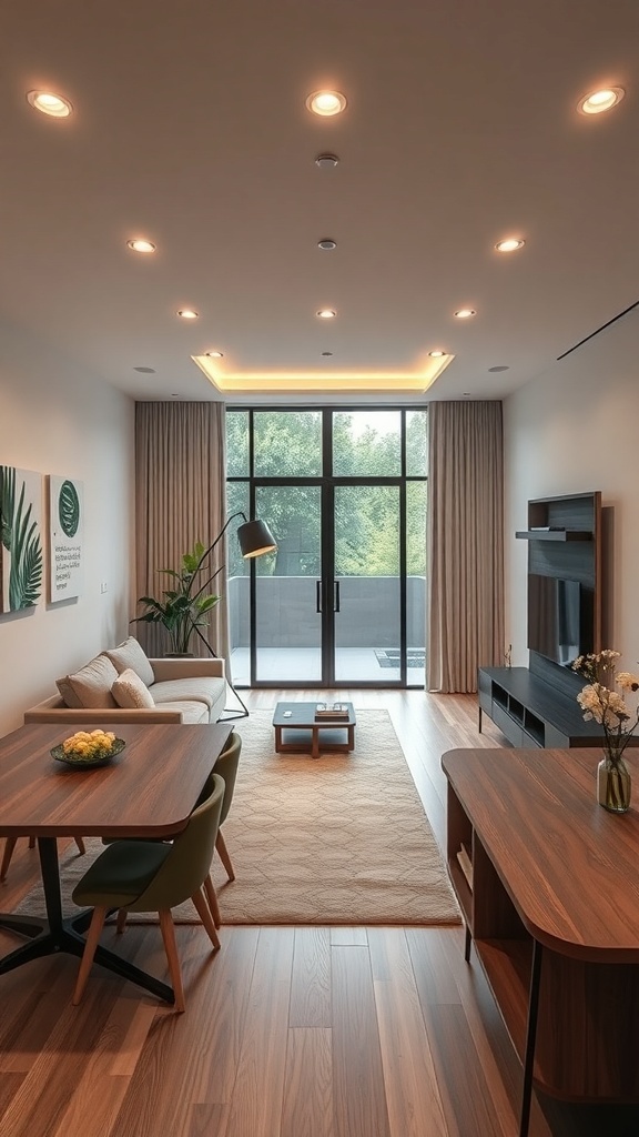 Modern living and dining room combo with smart lighting and furniture.