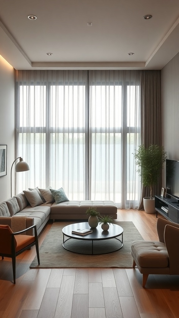A modern living room featuring a sectional sofa, a round coffee table, and large windows with sheer curtains.