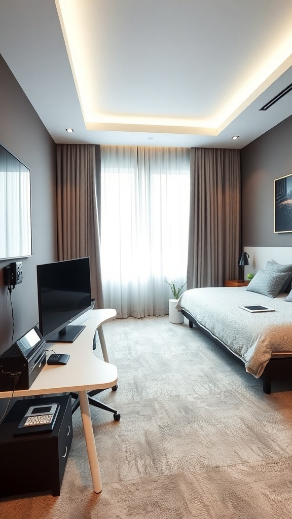 A modern guest room with a desk and computer, showcasing a blend of comfort and functionality.
