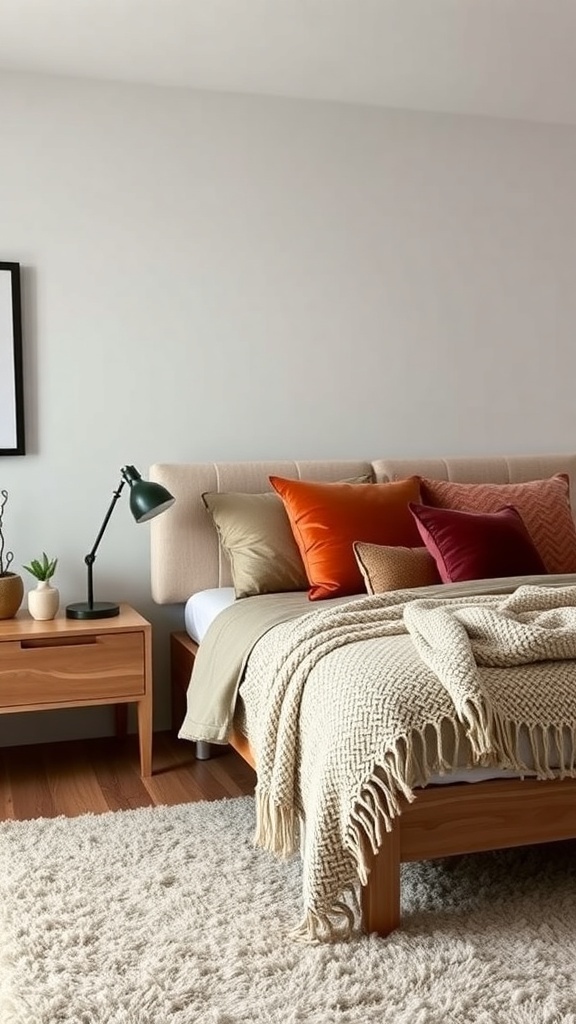 A classy bedroom featuring a cozy bed with colorful pillows, a knitted blanket, and a wooden nightstand with a lamp and plant.