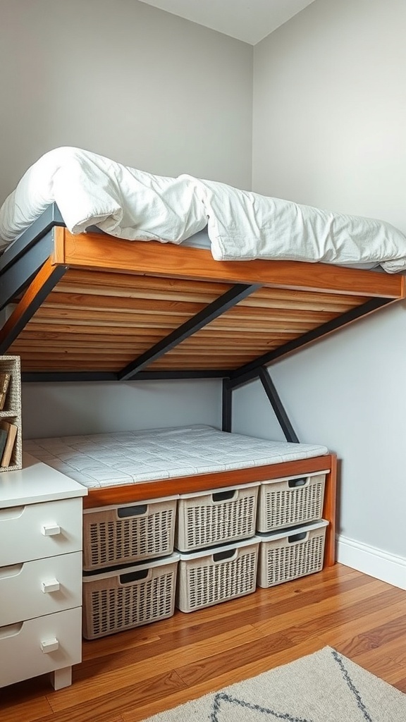 A small bedroom featuring a raised bed frame with under-bed storage baskets.