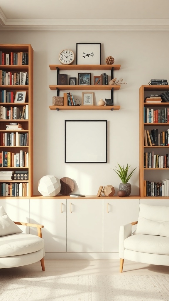 Stylish small living room with vertical storage solutions, including bookshelves and organized shelves.