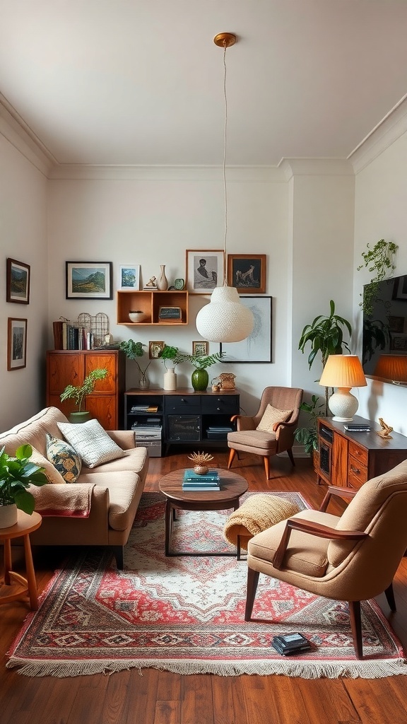 Cozy living room with vintage furniture and modern decor