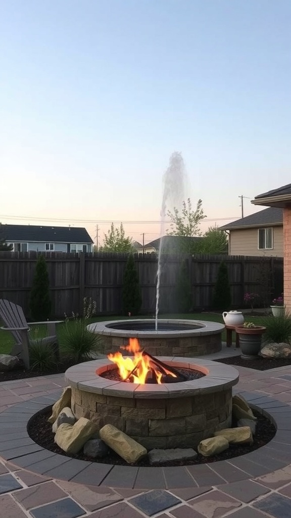 A backyard featuring a fire pit with flames and a water fountain nearby.