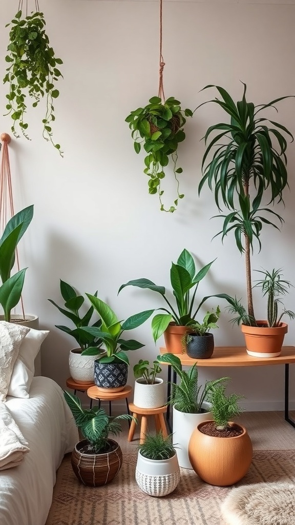 A cozy boho bedroom featuring various indoor plants in different pots.