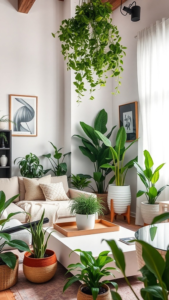 A cozy living room filled with various indoor plants, including a large hanging plant, potted plants on the floor, and a coffee table.