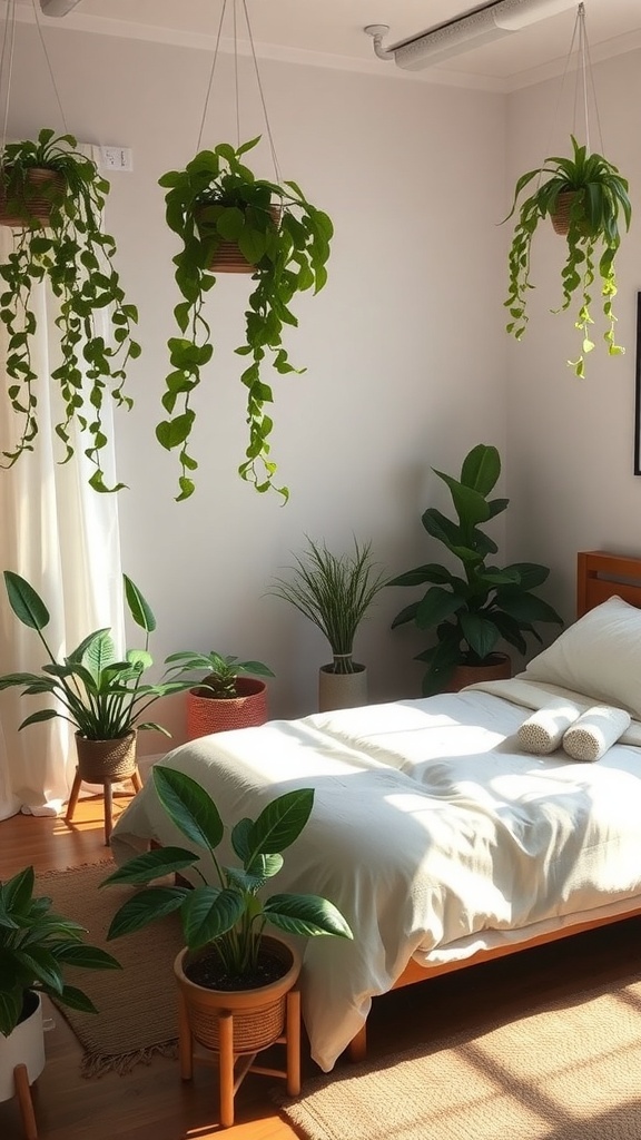 A cozy bedroom with various indoor plants, including hanging and potted plants, creating a fresh and inviting atmosphere.