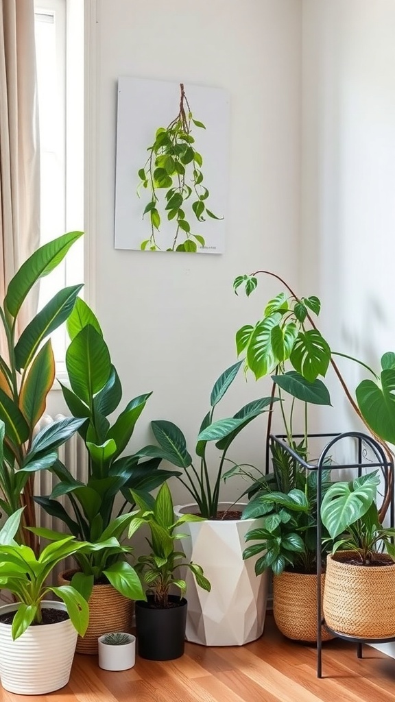 A cozy corner of an apartment filled with various indoor plants in stylish pots.