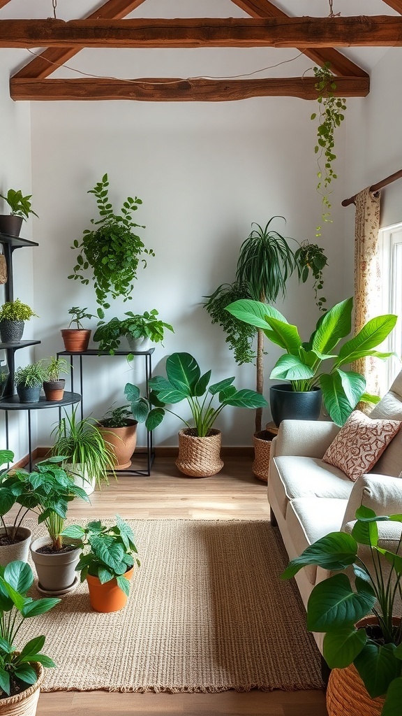 A cozy cottage living room filled with various indoor plants, showcasing a warm and inviting atmosphere.