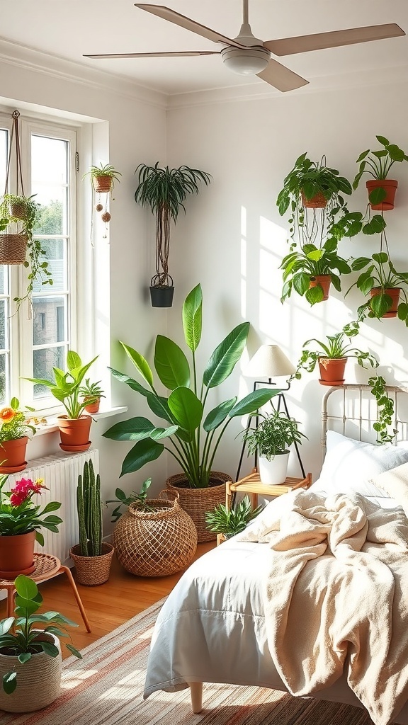A bright bedroom filled with various indoor plants, showcasing a cozy and refreshing atmosphere.