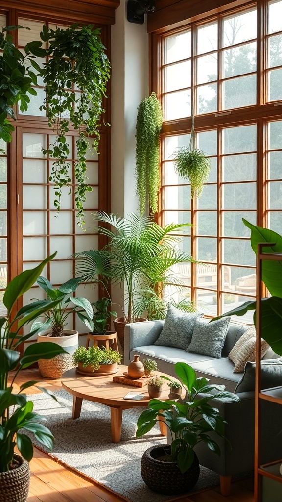 Japandi living room with indoor plants and a cozy sofa.