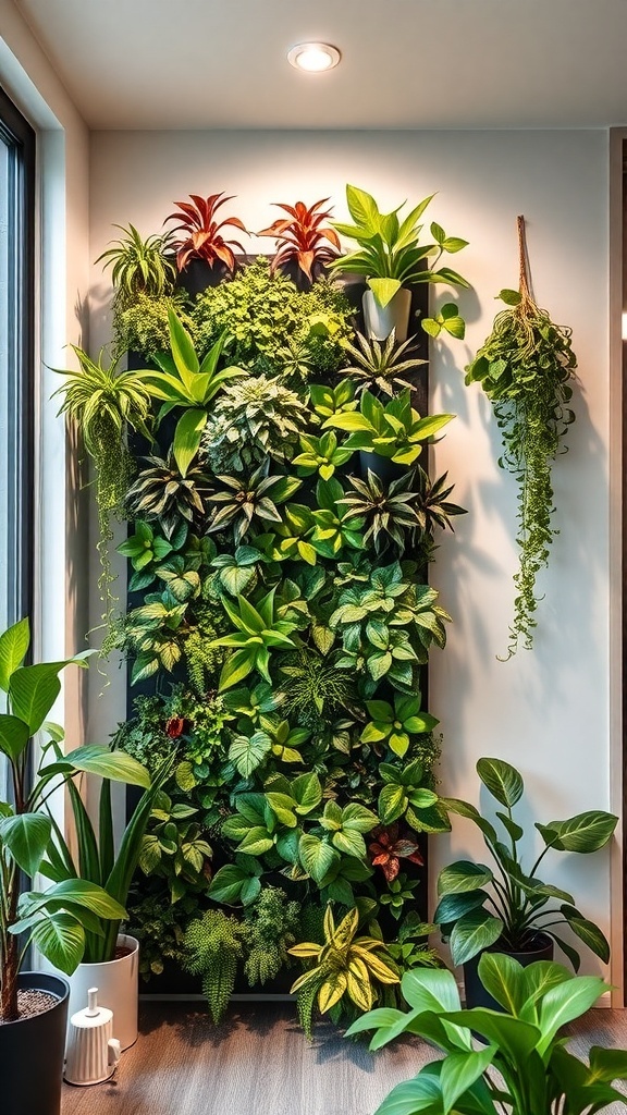 A vibrant indoor vertical garden featuring various plants like ferns and bromeliads.