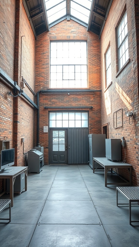 A spacious industrial interior with exposed brick walls, large windows, and metal furniture.