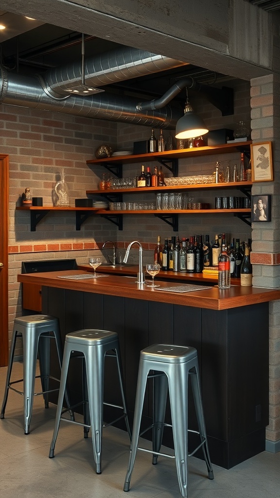 Industrial style home bar setup with wooden countertop, metal stools, and exposed brick wall.