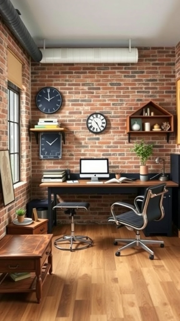 A stylish industrial home office featuring exposed brick walls, a wooden desk, and modern decor.