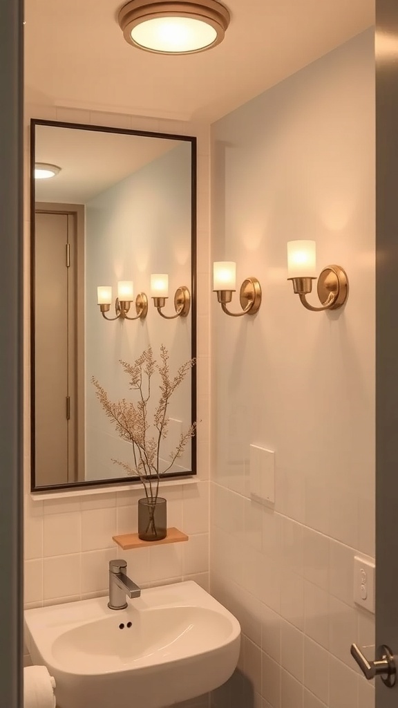 A modern small bathroom with innovative lighting solutions, featuring a ceiling light and wall sconces, along with a stylish mirror and a plant.