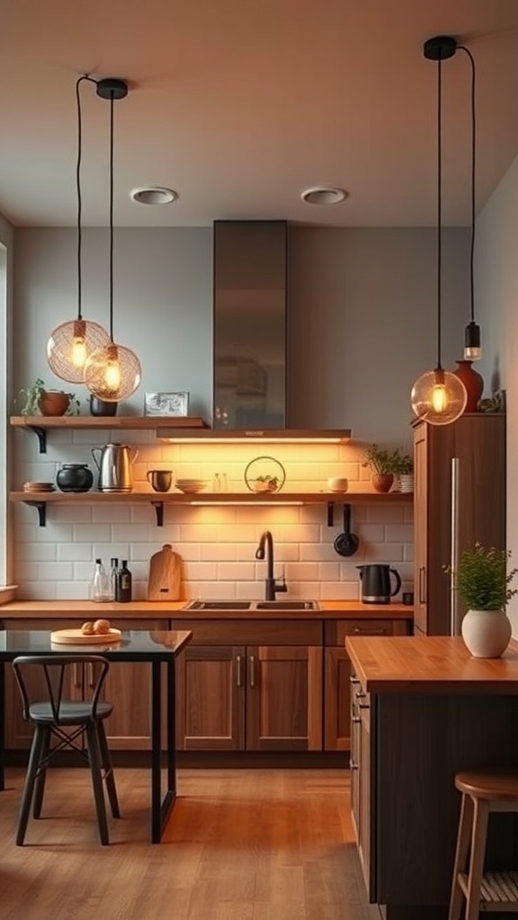 Modern kitchen with stylish pendant lights and warm wood tones