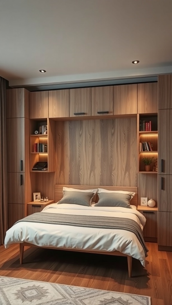 A modern Murphy bed with integrated shelving and warm wood finish in a cozy bedroom setting.