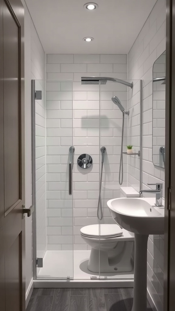 A modern half bathroom featuring a glass shower, white subway tiles, and a pedestal sink.