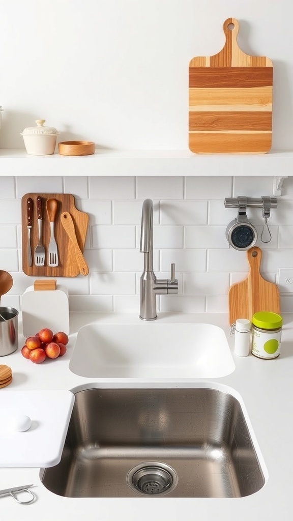 Modern kitchen sink with stainless steel basin, white sink, wooden cutting boards, and vibrant apples.