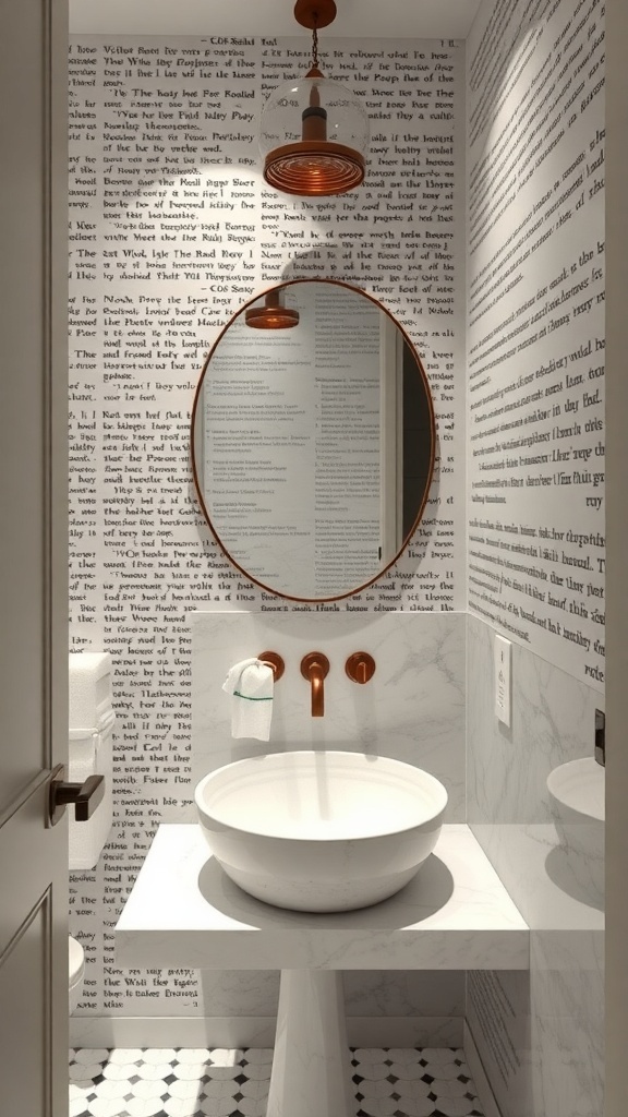 A modern powder room featuring a round white sink on a marble counter, copper fixtures, and text-covered walls.