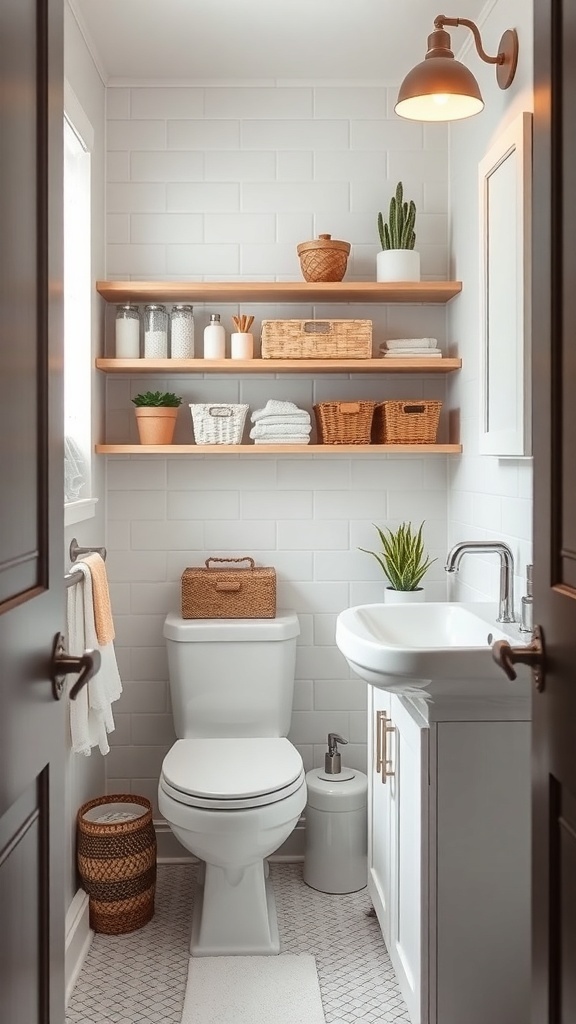 A small, stylish bathroom with open shelves, decorative baskets, and plants.