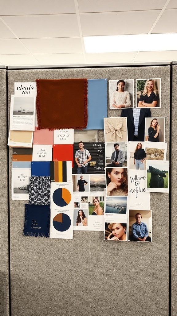 A mood board featuring swatches of fabric, inspirational images, and quotes on a cubicle wall.