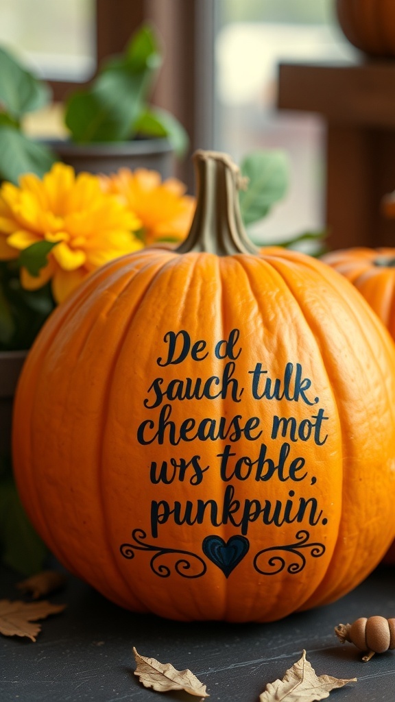 A beautifully painted pumpkin with an inspirational quote on it, surrounded by autumn decorations.